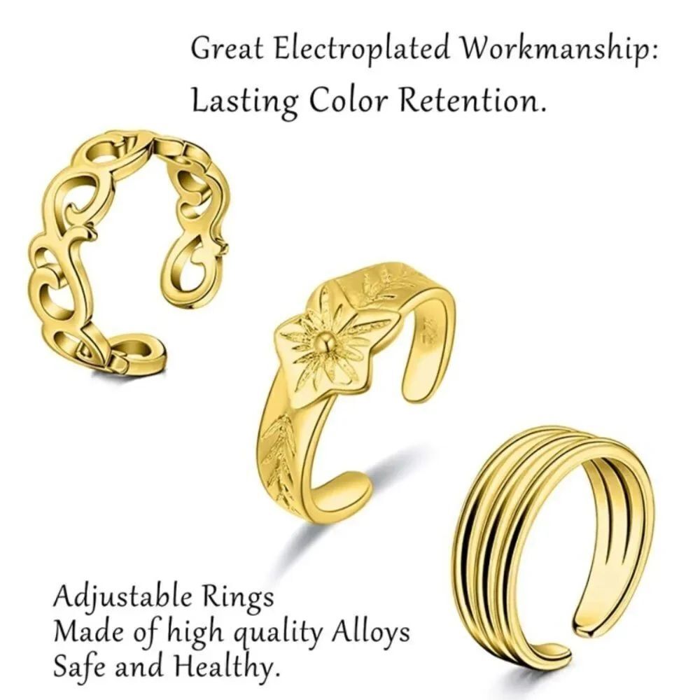 Yellow Gold Adjustable Boho Open Toe Rings - Set of 12 - Picture 2 of 3